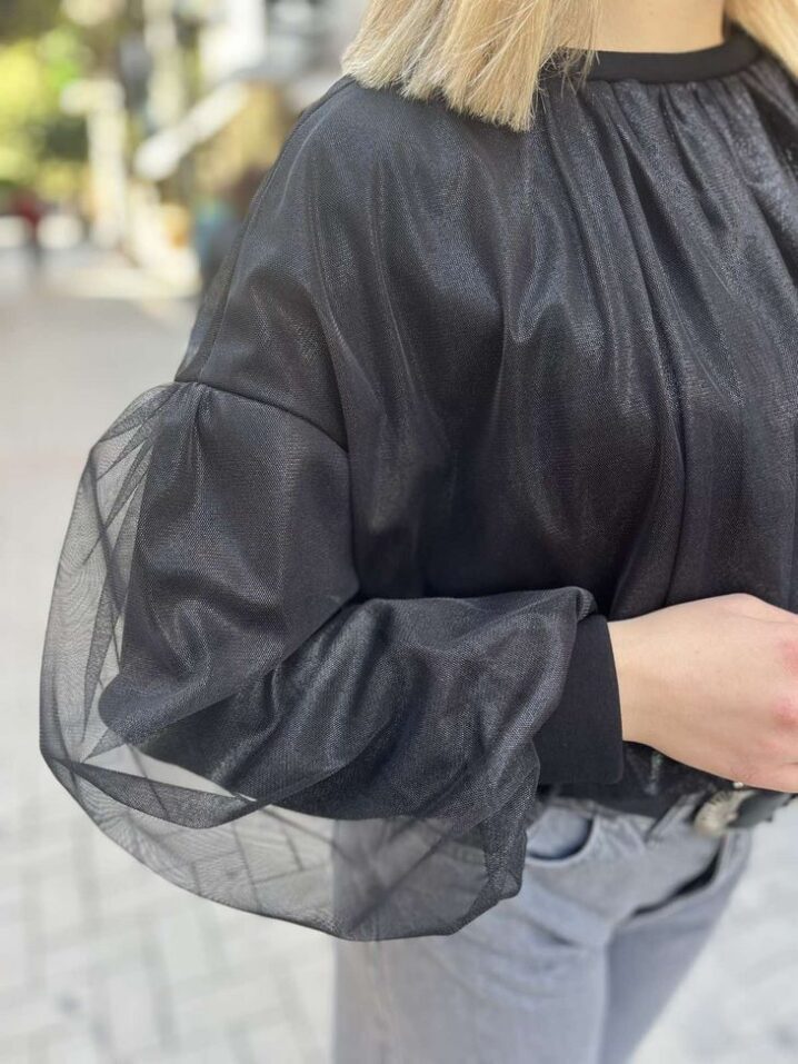 Γυναικεία Tulle Detail Μπλούζα-Mαύρο - Image 3