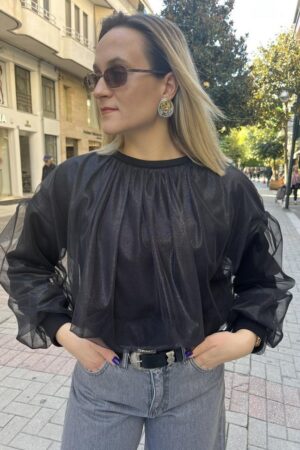 Γυναικεία Tulle Detail Μπλούζα-Mαύρο