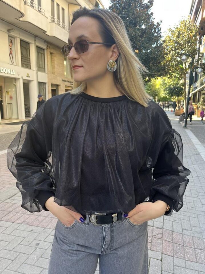 Γυναικεία Tulle Detail Μπλούζα-Mαύρο