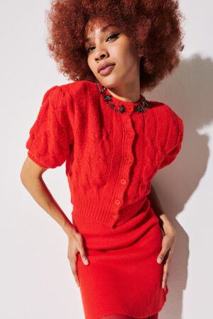 Γυναικεία Cropped Knit With Stones Sewn Handmade Ζακέτα-Kόκκινο