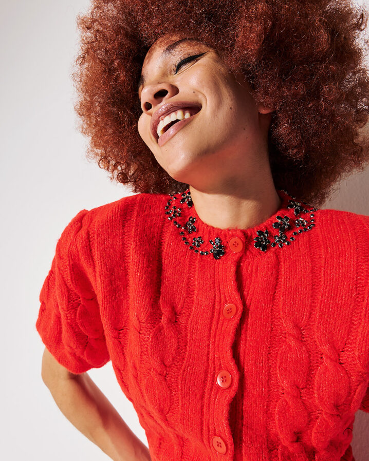 Γυναικεία Cropped Knit With Stones Sewn Handmade Ζακέτα-Kόκκινο - Image 2