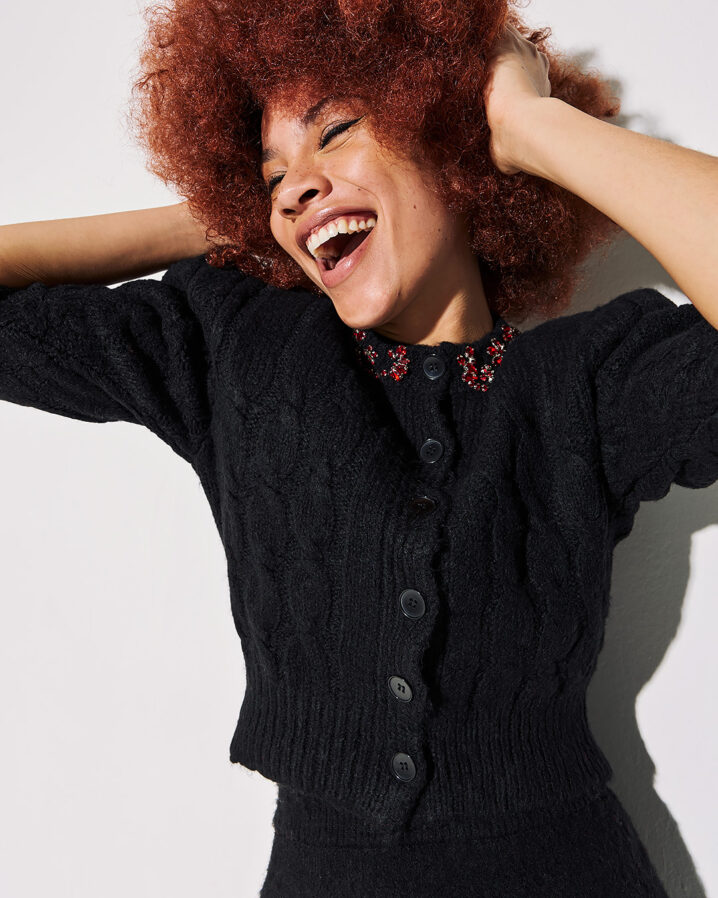 Γυναικεία Cropped Knit With Stones Sewn Handmade Ζακέτα-Μαύρο - Image 2