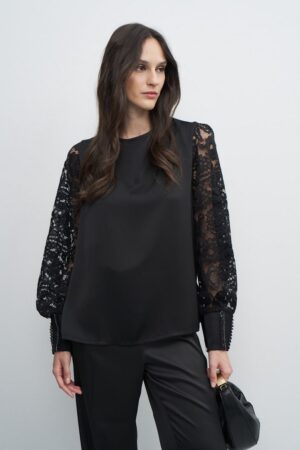 Γυναικεία Lacesleeve Μπλούζα-Μαύρο