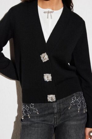 Γυναικεία Πλεκτή Glam Button Ζακέτα-Μαύρο