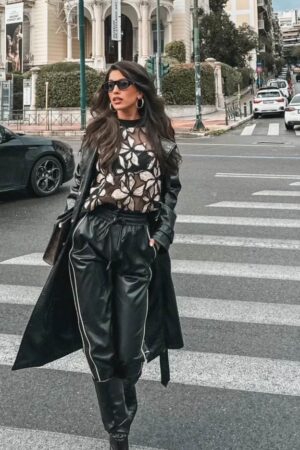 Γυναικείο Εco Leather Strip Παντελόνι-Μαύρο