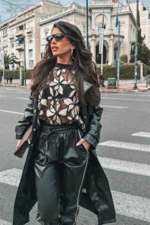 Γυναικεία 3D Leaf Sheer Μπλούζα-Μαύρο