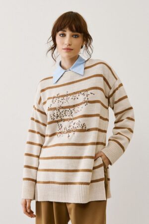 Γυναικεία Πλεκτή Μπλούζα Stripped n' Glam-Μπέζ