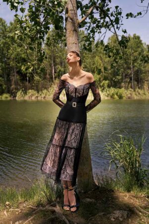 Γυναικείο Midi Siren Lace Φόρεμα-Μαύρο