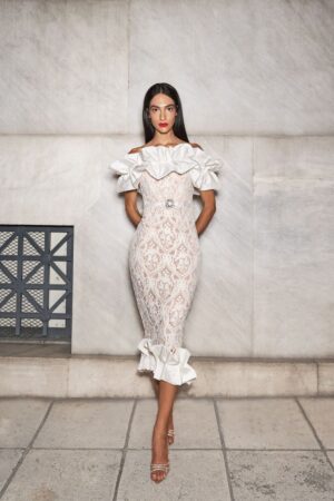 Γυναικείο Lace Midi Ruffled Neckline Φόρεμα-Λευκό