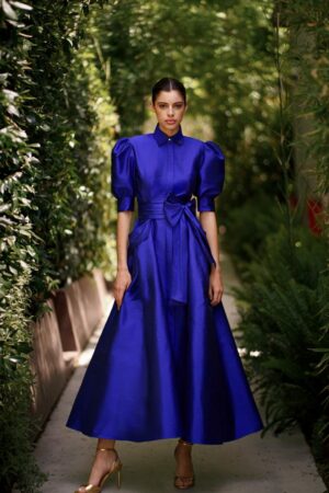 Γυναικείο Classic Collar Μidi Φόρεμα-Μπλε Ρουά