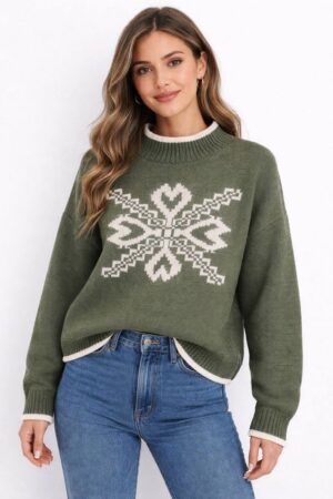 Γυναικεία Πλεκτή Μπλούζα με Μοτίφ-Χακί