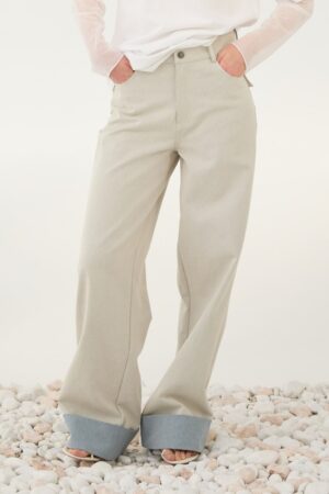 Γυναικείο Contrast Cuff Wide Leg Παντελόνι-Μπεζ