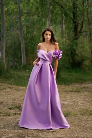 Γυναικείο Off Shoulder With Flowers Maxi Φόρεμα-Λιλά