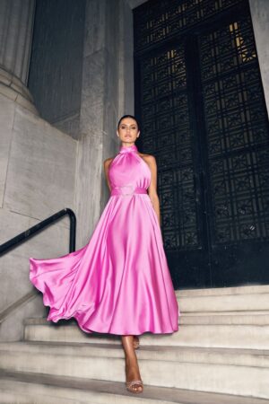 Γυναικείο Midi Satin Bardot Φόρεμα-Ροζ