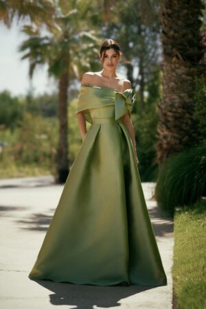 Γυναικείο Off Shoulder Couture Maxi Φόρεμα-Λαδί