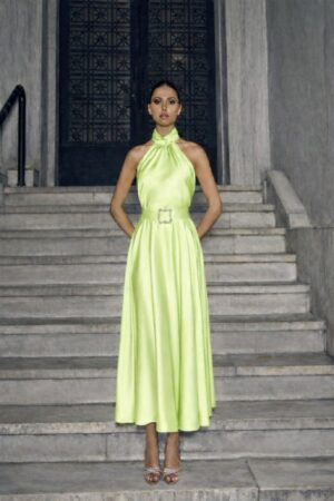 Γυναικείο Midi Satin Bardot Φόρεμα-Lime