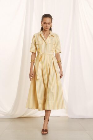 Γυναικείο Midi Striped Φόρεμα-Κίτρινο