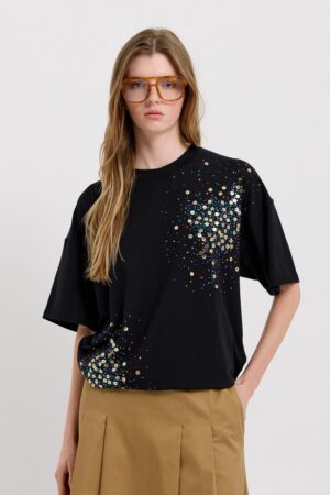 Γυναικείο Oversize Strass T-Shirt-Μαύρο
