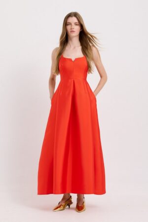 Γυναικείο Maxi Pleated Taffeta Φόρεμα-Κόκκινο