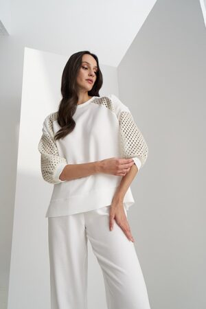 Γυναικεία Gold Mesh Sleeve Μπλούζα-Λευκό