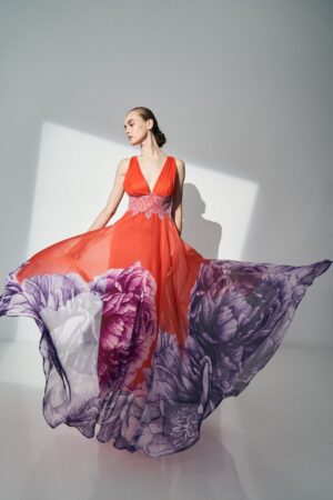 Γυναικείο Lace Waist Floral Hem Maxi Φόρεμα-Πορτοκαλί