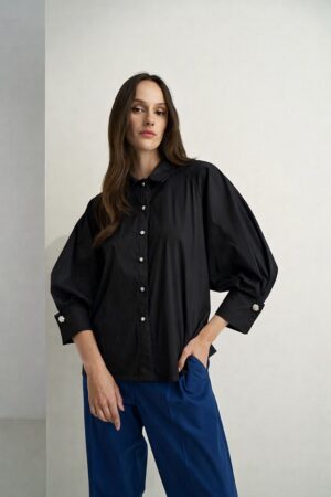 Γυναικείο Cotton Glam Button Πουκάμισο-Μαύρο