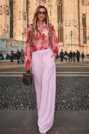 Γυναικεία Flowy Pleated Παντελόνα-Ροζ