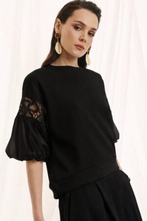 Γυναικεία Lace Detail Μπλούζα-Μαύρο