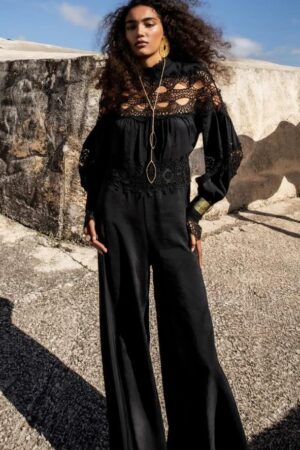 Γυναικεία Lace Detail Ολόσωμη Φόρμα-Μαύρο