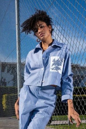 Γυναικείο Stripped Crop Πουκάμισο-Mπλε
