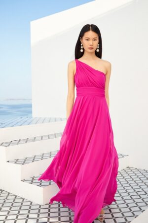 Γυναικείο Maxi Flowy One Shoulder Φόρεμα-Φούξια