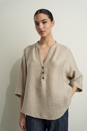Γυναικεία Linen Μπλούζα-Μπεζ