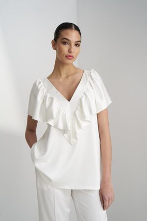 Γυναικεία Satin Ruffle Μπλούζα-Λευκό