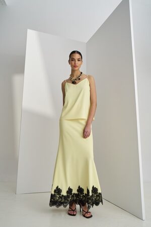 Γυναικεία Black Lace Detail Maxi Φούστα-Παστέλ Κίτρινο