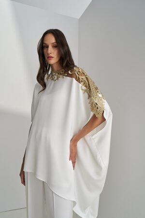 Γυναικείο Asymmetrical Gold Embellished Tunic Top-Λευκό