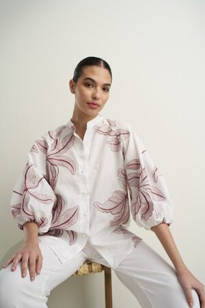 Γυναικείο Puff Sleeve Flower Πουκάμισο-Λευκό/Μπορντό