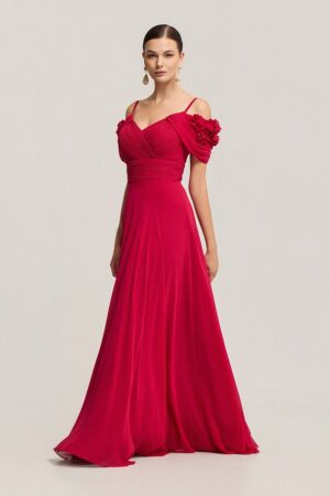 Γυναικείο Maxi Detail Shoulder Roses Φόρεμα-Φούξια