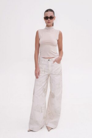 Γυναικείο Jean Παντελόνι Palm Stories Ptinted-Εκρού