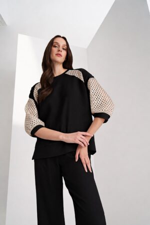 Γυναικεία Gold Mesh Sleeve Μπλούζα-Mαύρο