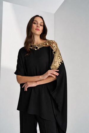 Γυναικείο Asymmetrical Gold Embellished Tunic Top-Μαύρο