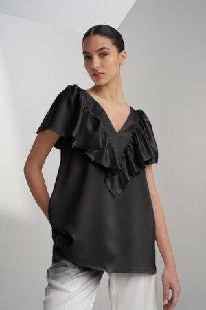 Γυναικεία Satin Ruffle Μπλούζα-Μαύρο