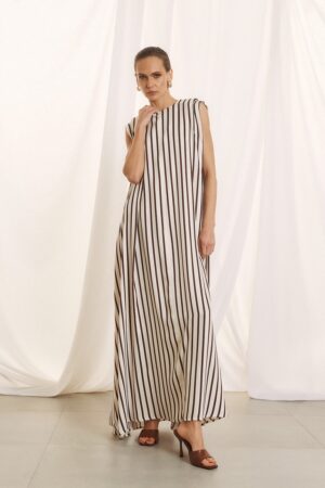 Γυναικείο Stripped Maxi Φόρεμα-Ριγέ Καφέ