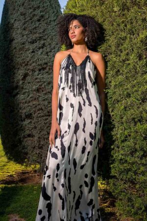 Γυναικείο Fringe Halter Φόρεμα-Ασπρόμαυρο