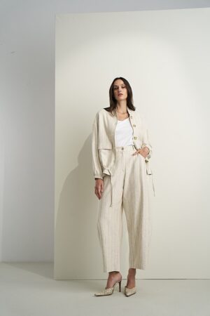 Γυναικεία Stripped Linen Παντελόνα-Μπεζ
