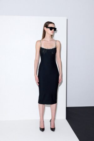 Γυναικείο Mesh Pencil Strass Embroidered Φόρεμα-Μαύρο