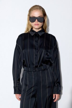 Γυναικείο Satin Striped Oversize Πουκάμισο-Μαύρο