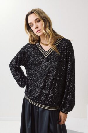 Γυναικεία Sequin V Neck Μπλούζα-Μαύρο
