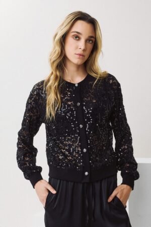 Γυναικεία Round Neck Sequin Ζακέτα-Μαύρο