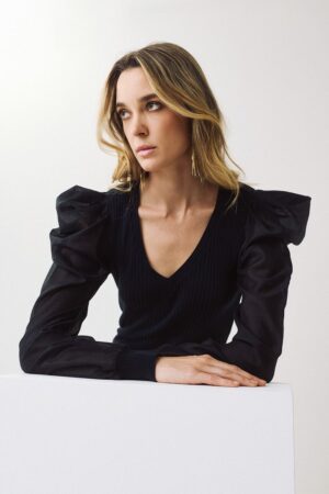Γυναικεία Structured Shoulder Knit Μπλούζα-Μαύρο
