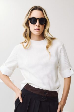 Γυναικεία Crop Knit Cuffed Sleeve Μπλούζα-Λευκό
